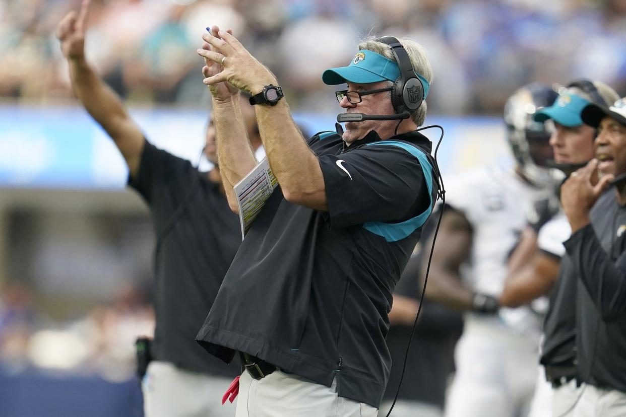 Doug Pederson, seen here gesturing toward his Jaguars' players during Sunday's 38-10 win over the Los Angeles Chargers, makes his return to Philadelphia Sunday to face the Eagles, the team he led to a Super Bowl title in his first NFL head coaching gig.