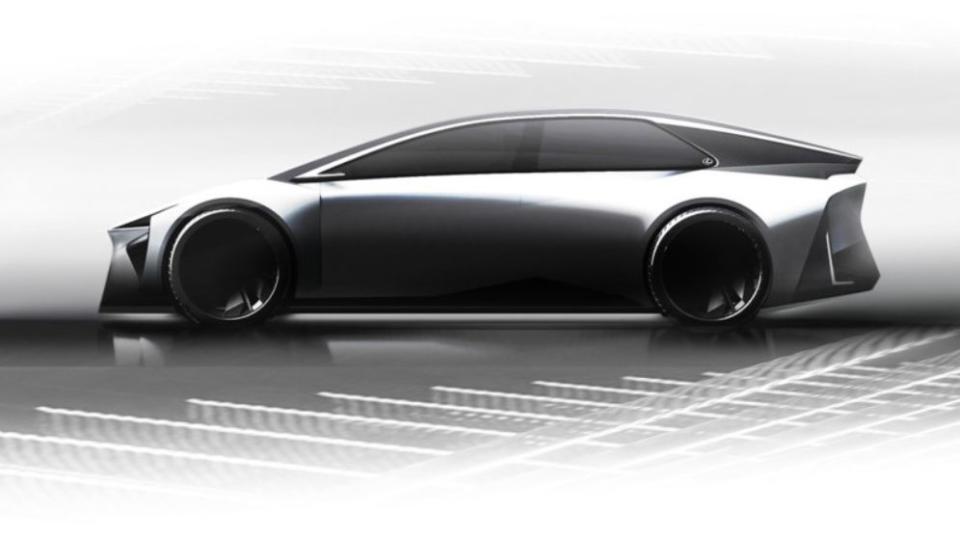 a wedge shaped toyota sedan sketch viewed from the side, meant as a preview of future toyota electric models