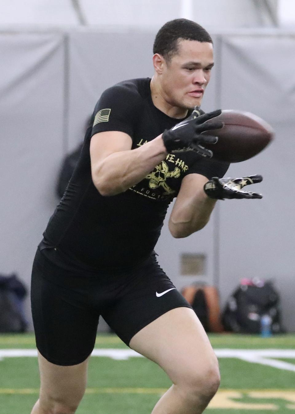 Army's Andre Carter during pro day at West Point March 16, 2023.