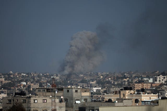 Smoke rises following Israeli bombardments in Khan Younis, southern Gaza Strip