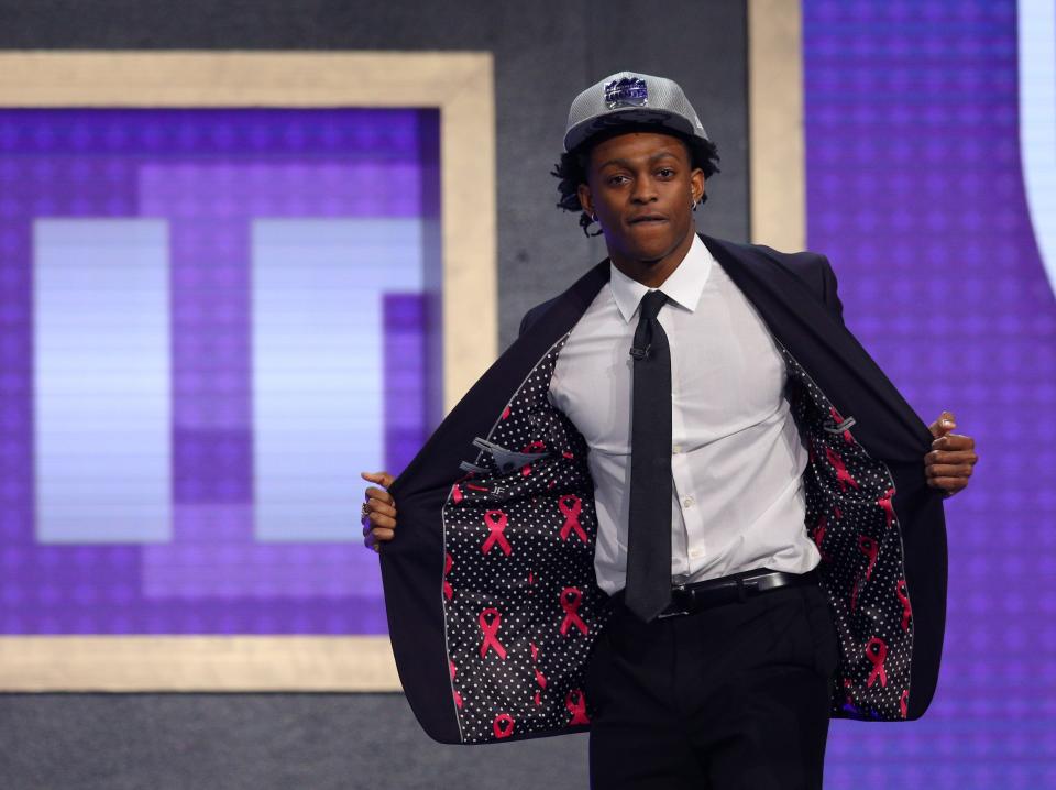 Jun 22, 2017; Brooklyn, NY, USA; De'Aaron Fox (Kentucky) shows off the inside of his suit after being introduced as the number five overall pick to the Sacramento Kings in the first round of the 2017 NBA Draft at Barclays Center.