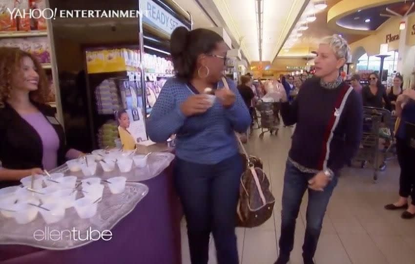 Oprah had admittedly not been to a grocery store since Thanksgiving 2016, and Ellen said she hadn’t been to one in years, so this was an unfamiliar adventure for the two. Source: Ellen