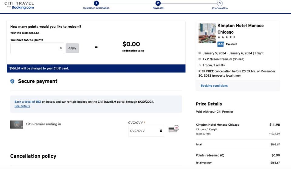 Screenshot of final hotel booking screen on the Citi Travel Portal.