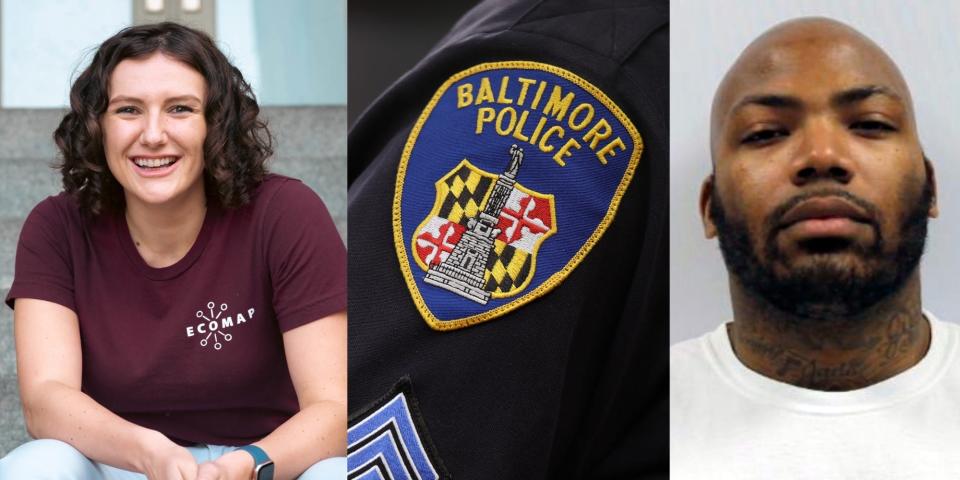 Pava LaPere, left, a Baltimore Police badge, center, and Jason Billingsley, right.