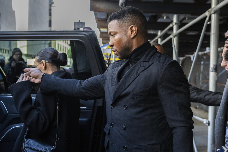 Actor Jonathan Majors leaves Criminal Court with his girlfriend Megan Good after his sentencing in Manhattan on Monday April 8, 2024 in New York. (AP Photo/Brittainy Newman)