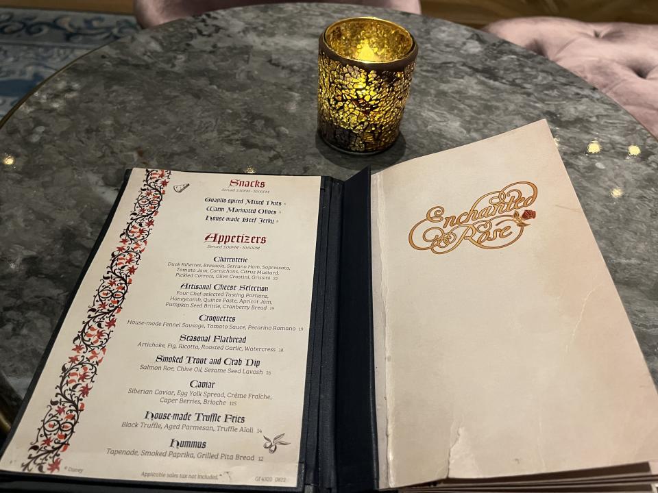 The menu from Enchanted Rose.