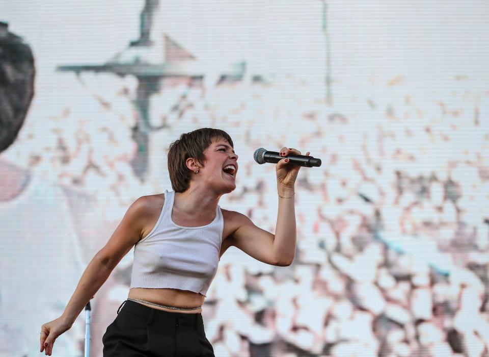 Maggie Rogers performs on the main stage during the Coachella Valley Music and Arts Festival in Indio, Calif., Sunday, April 17, 2022.