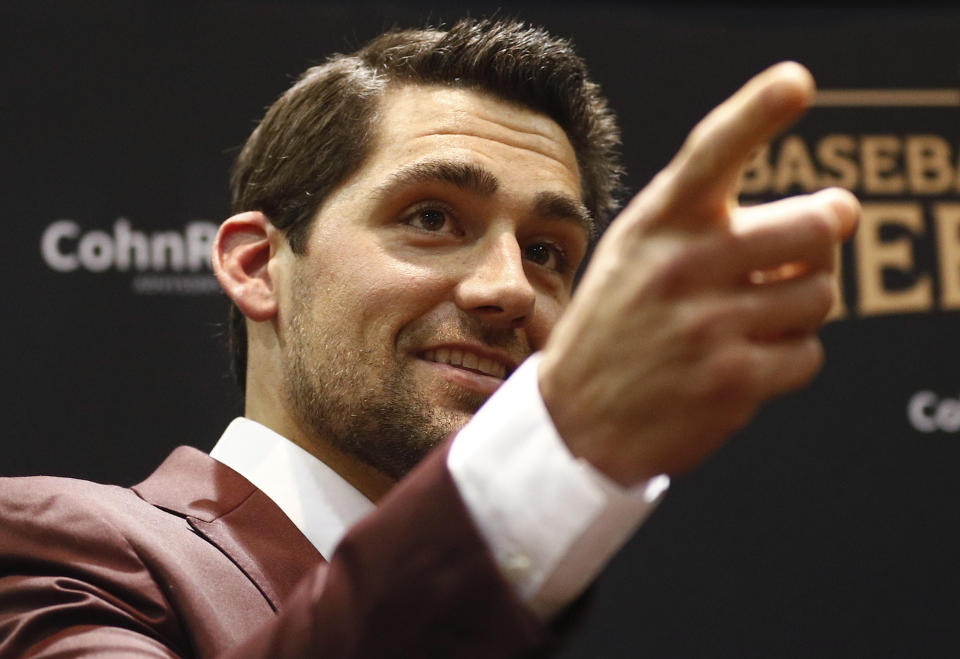 Boston Red Sox pitcher Nathan Eovaldi attends the Major League Baseball winter meetings, Monday, Dec. 10, 2018, in Las Vegas. (AP Photo/John Locher)