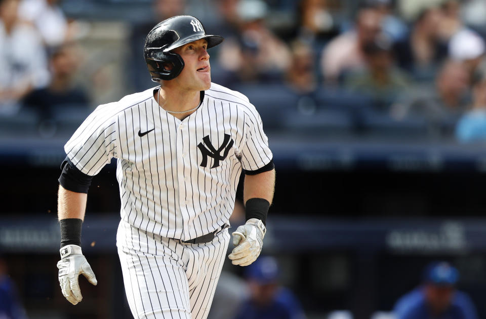 New York Yankees' Billy McKinney rounds the bases after hitting a home run against the Texas Rangers during the fourth inning of a baseball game, Saturday, June 24, 2023, in New York. (AP Photo/Noah K. Murray)