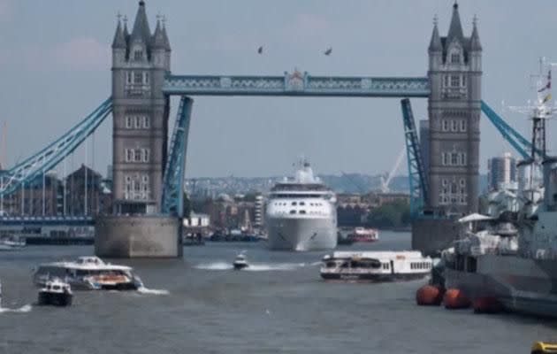 Time-lapse video shows cruiser pass under the Tower Bridge, London. Photo: Caters