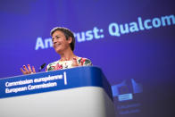 European Antitrust Commissioner Margrethe Vestager talks to journalists during a news conference at the European Commission headquarters in Brussels, Thursday, July 18, 2019. The European Union has fined U.S. chipmaker Qualcomm $271 million, accusing it of "predatory pricing". (AP Photo/Francisco Seco)