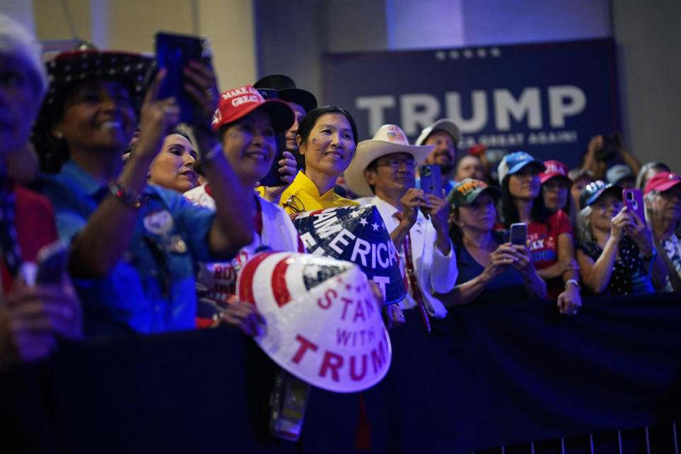 Supporters listen as former President Donald Trump speaks  on July 8, 2023, in Las Vegas. (John Locher / AP)