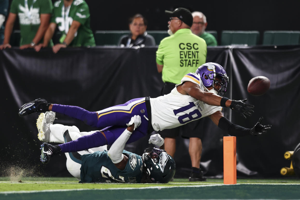 PHILADELPHIA, PA - SEPTEMBER 14: Justin Jefferson #18 of the Minnesota Vikings fumbles the ball through the end zone for a touchback during the second quarter of an NFL football game against the Philadelphia Eagles at Lincoln Financial Field on September 14, 2023 in Philadelphia, Pennsylvania. (Photo by Kevin Sabitus/Getty Images)