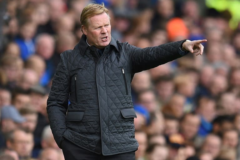 Everton's manager Ronald Koeman gestures from the touchline during their English Premier League match against Arsenal, at Goodison Park in Liverpool, on October 22, 2017