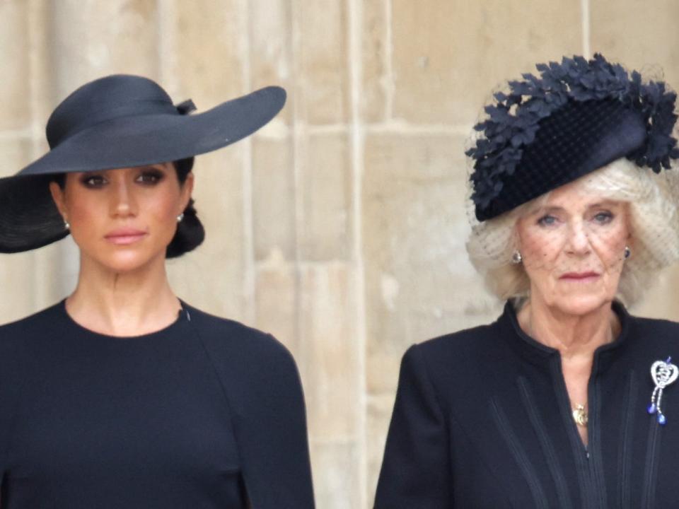 Meghan Markle and Queen Consort Camilla at Queen Elizabeth's funeral at Westminster Abbey.