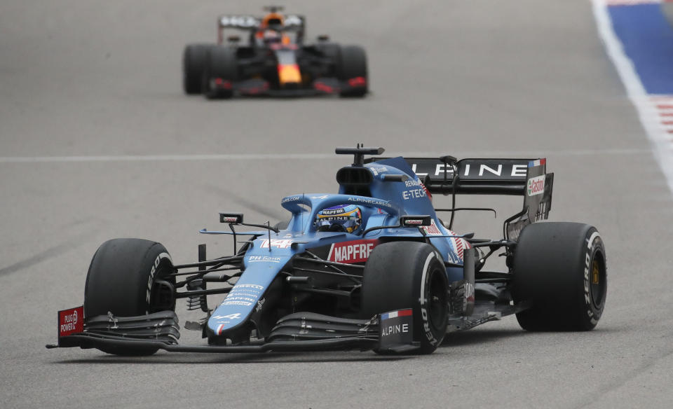 SOCHI, RUSSIA  SEPTEMBER 26, 2021: Alpine F1 Team driver Fernando Alonso of Spain competes in the 2021 Formula One Russian Grand Prix race, at the Sochi Autodrom racing circuit. Sergei Fadeichev/TASS (Photo by Sergei Fadeichev\TASS via Getty Images)