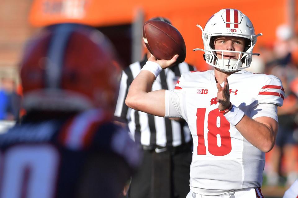 Wisconsin quarterback Braedyn Locke was 21 of 41 for 240 yards and two touchdowns Saturday in the Badgers' 25-21 comeback victory over Illinois.