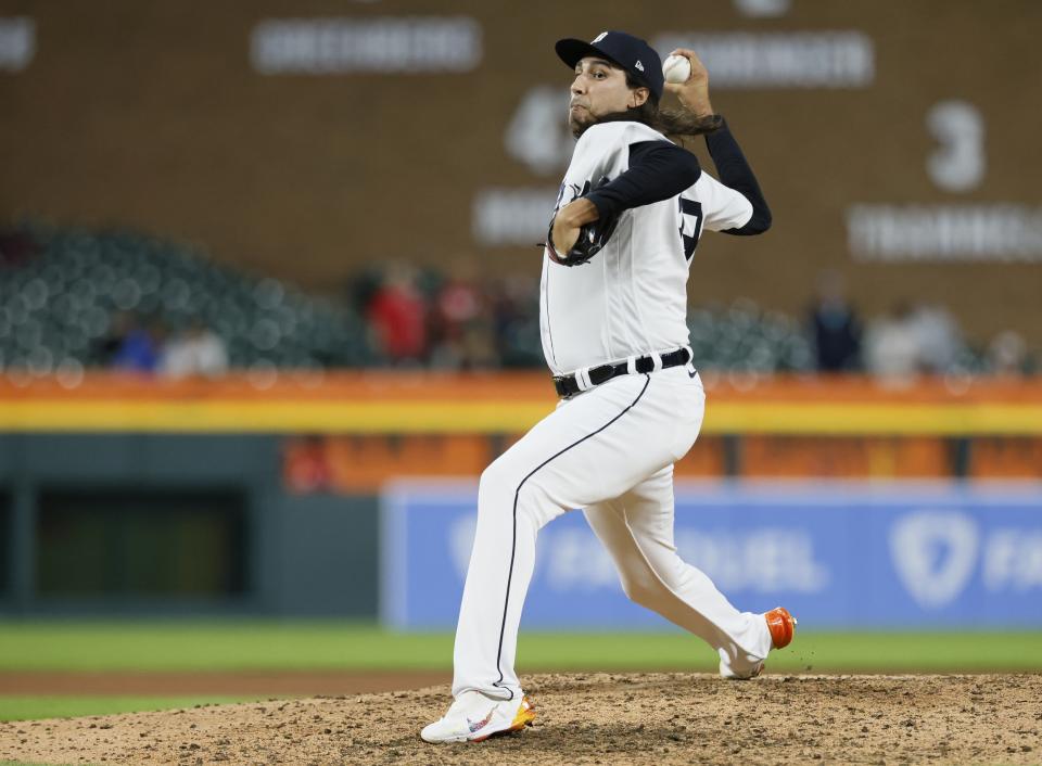Detroit Tigers' Alex Faedo pitches to a Cincinnati Reds batter during the seventh inning of a baseball game Wednesday, Sept. 13, 2023, in Detroit. (AP Photo/Duane Burleson)