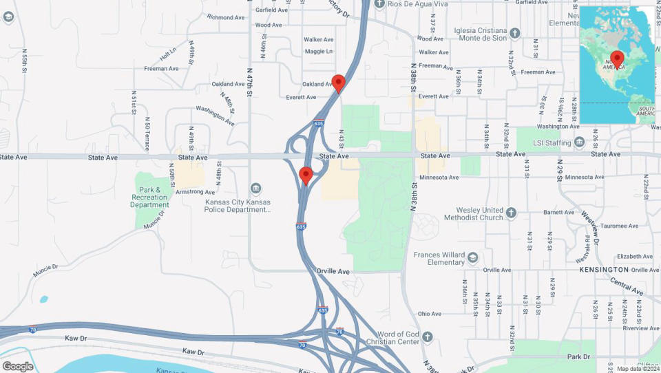 A detailed map that shows the affected road due to 'Lane on I-635 closed in Kansas City' on September 18th at 12:13 a.m.