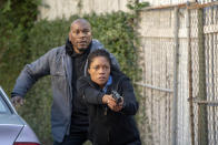 This image released by Sony Pictures shows Naomie Harris, left, and Tyrese Gibson in a scene from "Black and Blue," in theaters on Oct. 25. (Alan Markfield/Sony Pictures via AP)