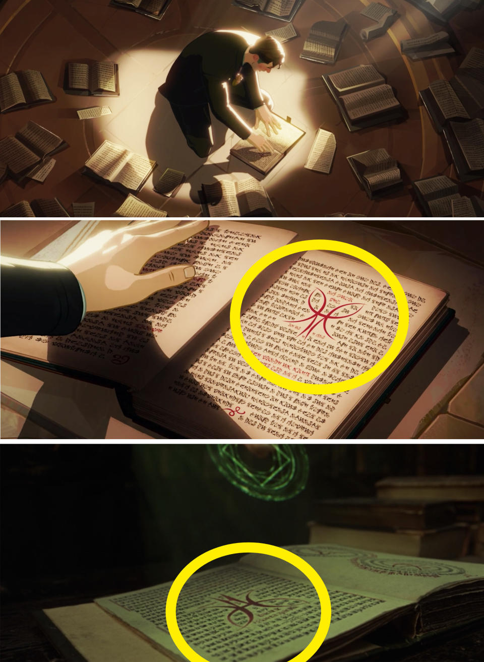 A close-up of Stephen's book with a red symbol in the middle of a page