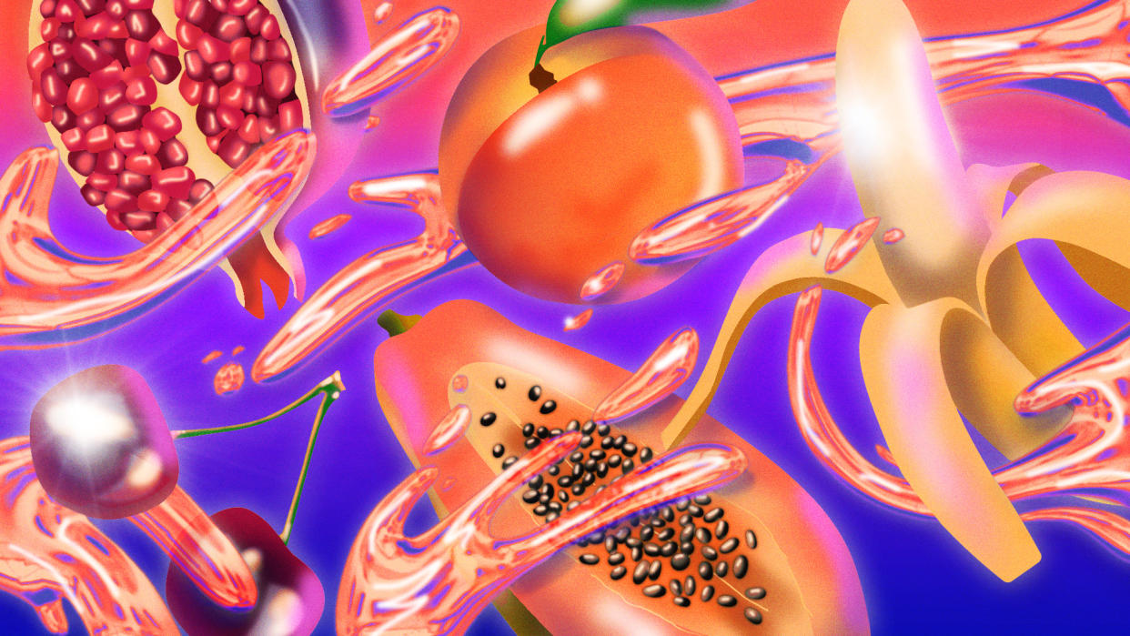 An illustration shows liquid swirling around a sliced pomegranate, a peach, a half-peeled banana, a sliced papaya, and two cherries.