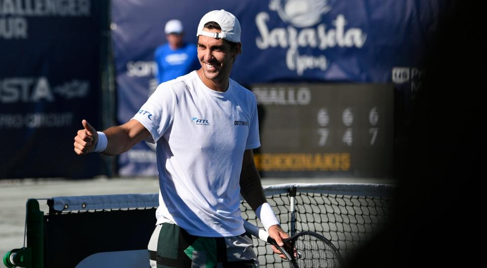 Australian tennis player Thanasi Kokkinakis celebrates his win over Canadian tennis player Gabriel Diallo, off camera. They competed in the Sarasota Elizabeth Moore Open ATP Challenger tennis tournament at Payne Park's Tennis Center (PPTC) in downtown Sarasota.