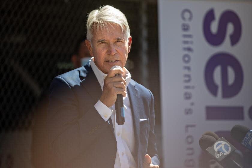 LOS ANGELES, CA - AUGUST 17: District Attorney George Gascón to speaks at Justice Reform Rally after surviving a second recall campaign on Wednesday, Aug. 17, 2022 in Los Angeles, CA. (Jason Armond / Los Angeles Times)