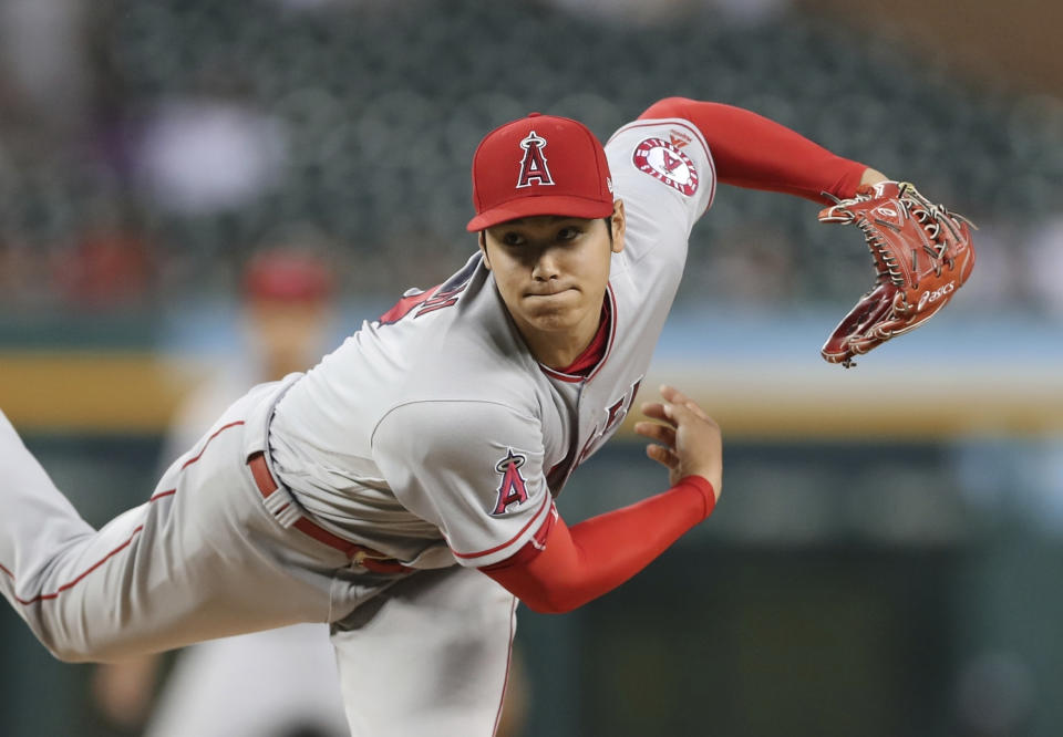 FILE - In this May 30, 2018, file photo, Los Angeles Angels starting pitcher Shohei Ohtani throws during the fifth inning of the team's baseball game against the Detroit Tigers in Detroit. Ohtani will have Tommy John surgery next week. The Angels confirmed Ohtani's long-expected decision on elbow ligament replacement Tuesday, Sept. 25. Dr. Neal ElAttrache will perform the surgery in Los Angeles. Ohtani won't be able to pitch for the Angels in 2019, but he likely could hit at some point early next season. (AP Photo/Carlos Osorio, File)