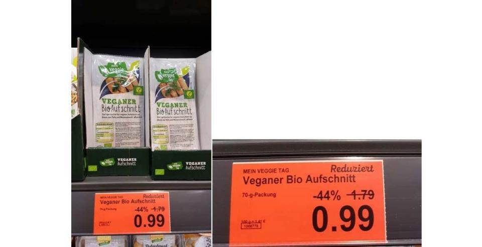 Preisreduzierung um 44 Prozent? Das Gegenteil ist der Fall. Der vegane Aufschnitt ist teurer geworden, da die Packung nur noch 70 statt 140 Gramm enthält. (Bild: Verbraucherzentrale Hamburg)