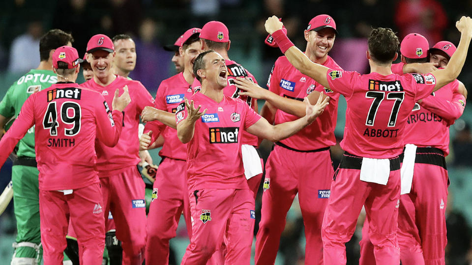 The Sixers celebrate victory in the Big Bash League Final match between the Sydney Sixers and the Melbourne Stars at the Sydney Cricket Ground on February 08, 2020 in Sydney, Australia. (Photo by Mark Metcalfe/Getty Images)