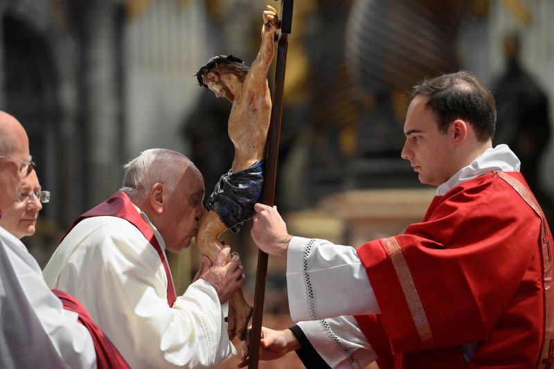 Pope Francis presides over the Good Friday Passion of the Lord service in Saint Peter's Basilica at the Vatican