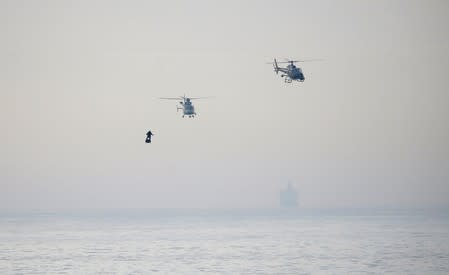 French inventor Franky Zapata arrives to Dover on a Flyboard during his second attempt to cross the English channel from Sangatte to Dover