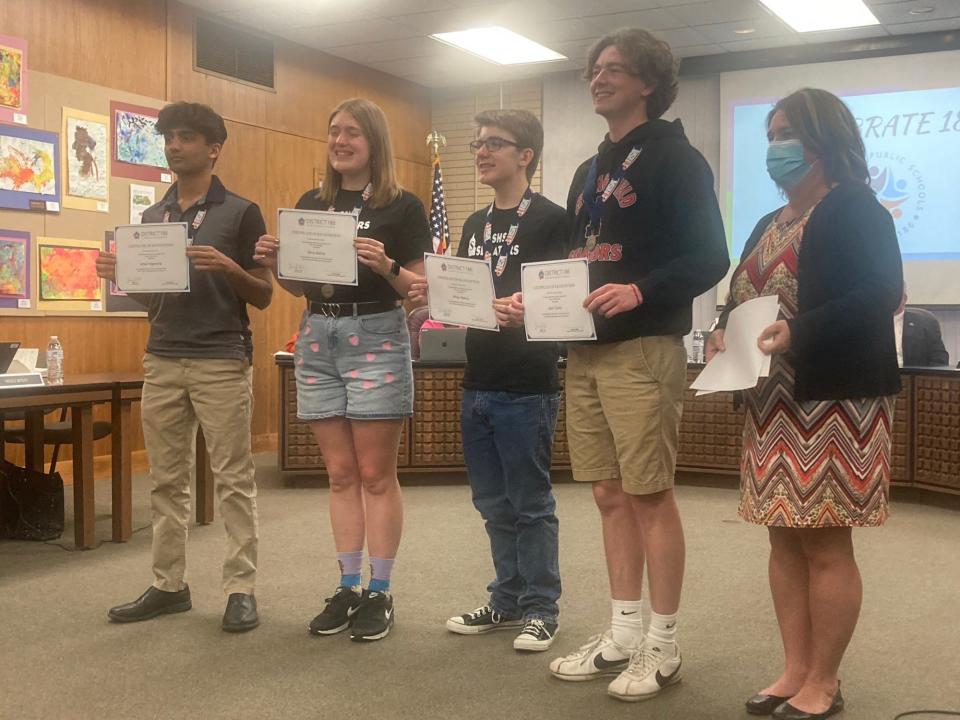 Members of the Springfield High School Scholastic Bowl team were recognized at Monday's School District 186 board of education meeting. SHS finished as the Illinois High School Association Class 2A runner up.