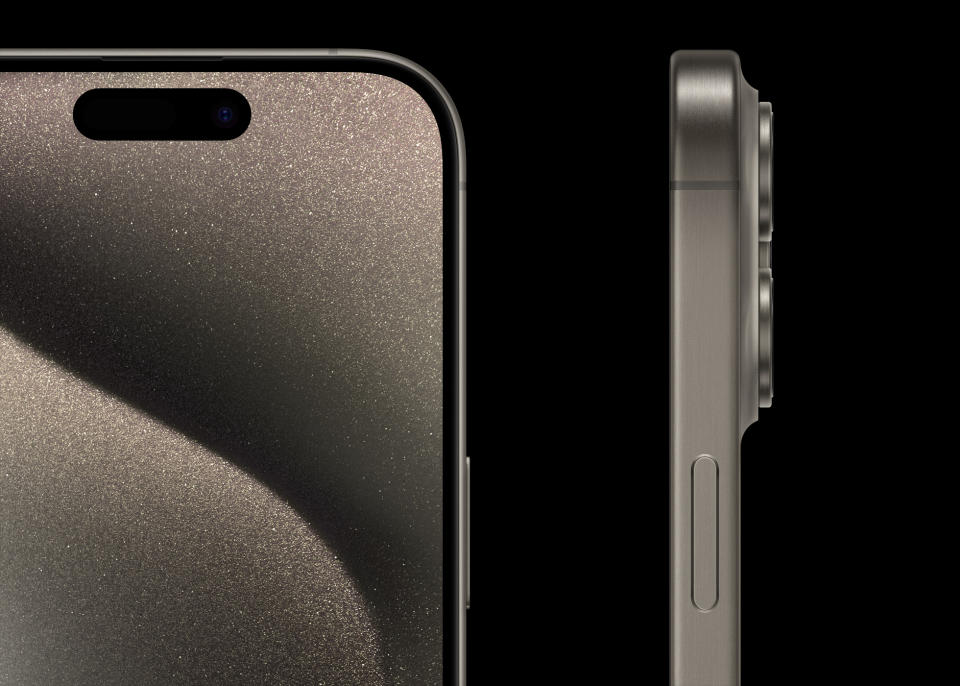 The sides of the iPhone 15 Pro line features a new brushed metal finish on top of a lighter and stronger titanium frame. 