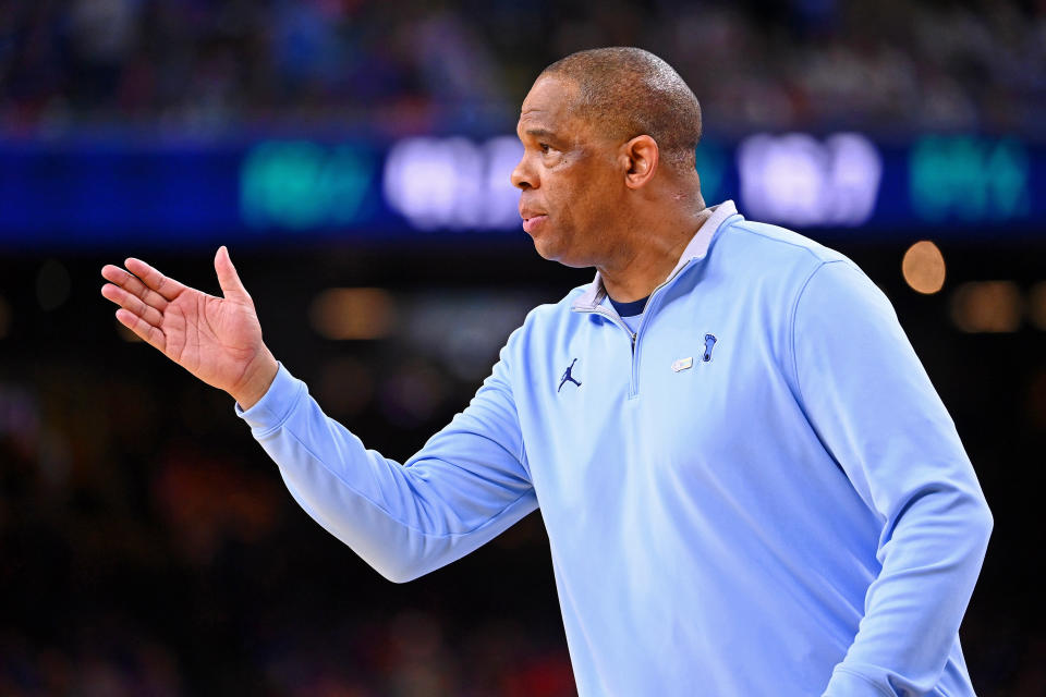 Apr 2, 2022; New Orleans, LA, USA; North Carolina Tar Heels head coach Hubert Davis reacts after a play against the Duke Blue Devils during the first half during the 2022 NCAA men's basketball tournament Final Four semifinals at Caesars Superdome. Mandatory Credit: Bob Donnan-USA TODAY Sports