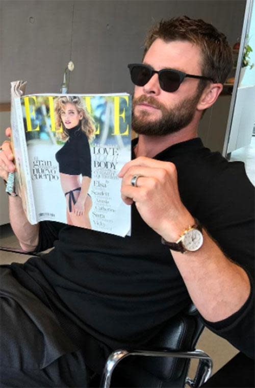 <p>Elsa's number one fan is definitely Chris! "Probably gonna use my special powers to track down this wild beauty," he captioned the shot of himself reading his wife's interview. Our hearts can't take it! Too cute!</p>