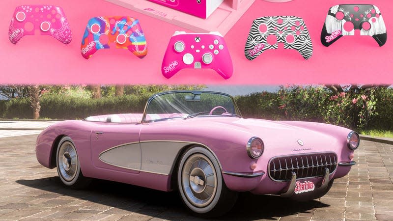 An image shows the new Xbox controllers and Barbie's pink car in Forza. 