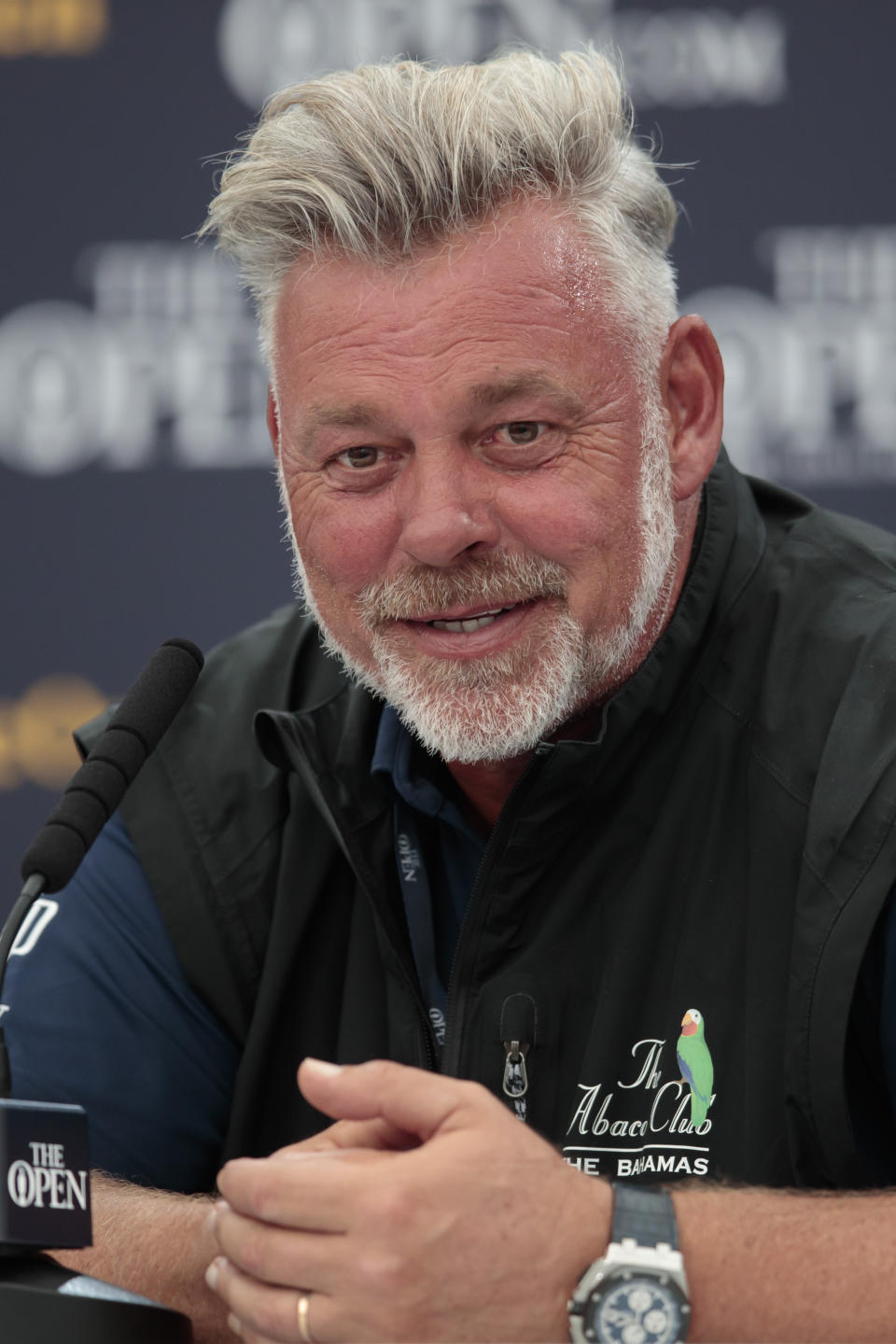 Northern Irish golfer Darren Clarke speaks during a press conference at Royal Portrush Golf Club, Northern Ireland, Monday, July 15, 2019. The148th Open Golf Championship begins on July 18. (AP Photo/Jon Super)