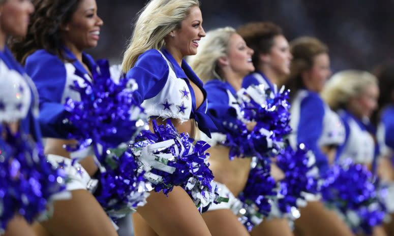 The Dallas Cowboys cheerleaders performing during a game.