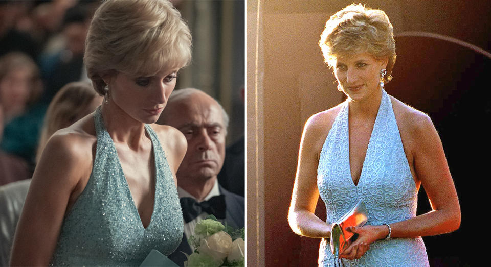 Elizabeth Dibicki (L) as Princess Diana in The Crown, Diana at the Serpentine Gallery in 1995. (Netflix/Getty Images)