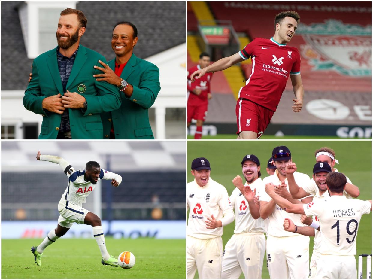 Clockwise from top left: Dustin Johnson, Diogo Jota, England cricket team and Tanguy Ndombele (Getty)