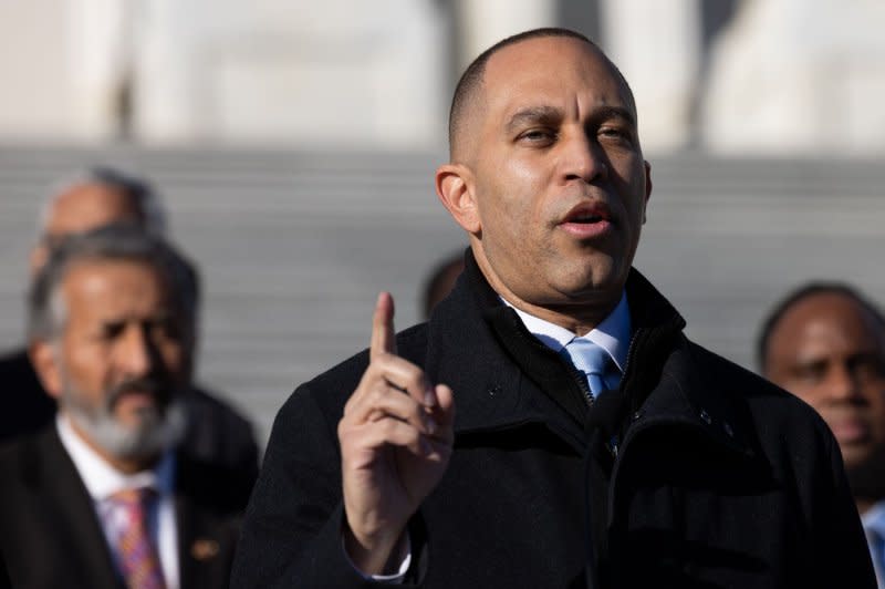 House Minority Leader Hakeem Jeffries, D-N.Y., has called the House Republican impeachment inquiry into President Joe Biden "fake, fraudulent and fictitious." Photo by Julia Nikhinson/UPI