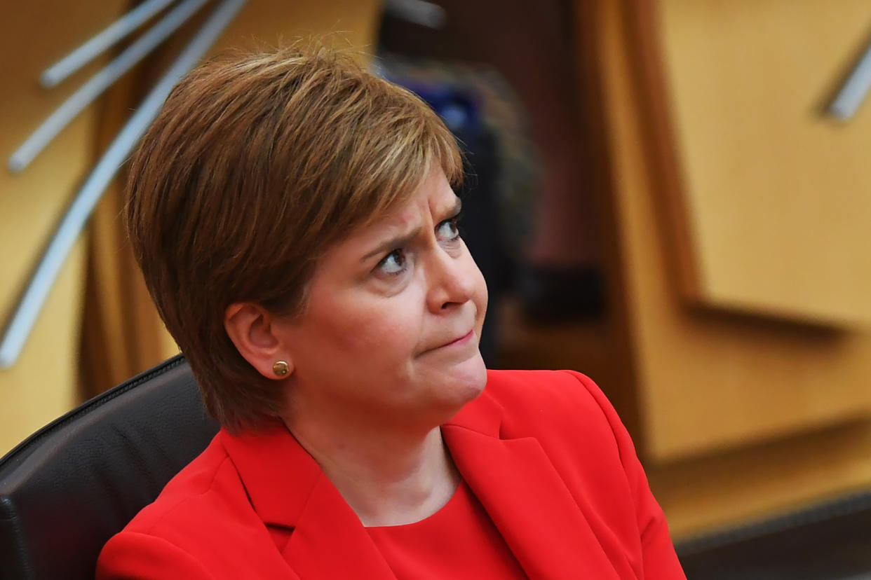 EDINBURGH, SCOTLAND - JUNE 03: Scottish First Minister Nicola Sturgeon attends First Ministers Questions at the Scottish Parliament on June 3, 2021 in Edinburgh, Scotland. (Photo by Andy Buchanan - WPA Pool/Getty Images)