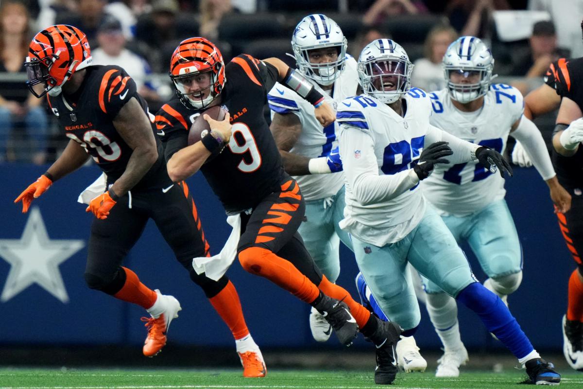 Cincinnati Bengals wide receiver Tee Higgins (85) reacts after a touchdown  reception against the Dallas Cowboys during an NFL Football game in  Arlington, Texas, Sunday, Sept. 18, 2022. (AP Photo/Michael Ainsworth Stock