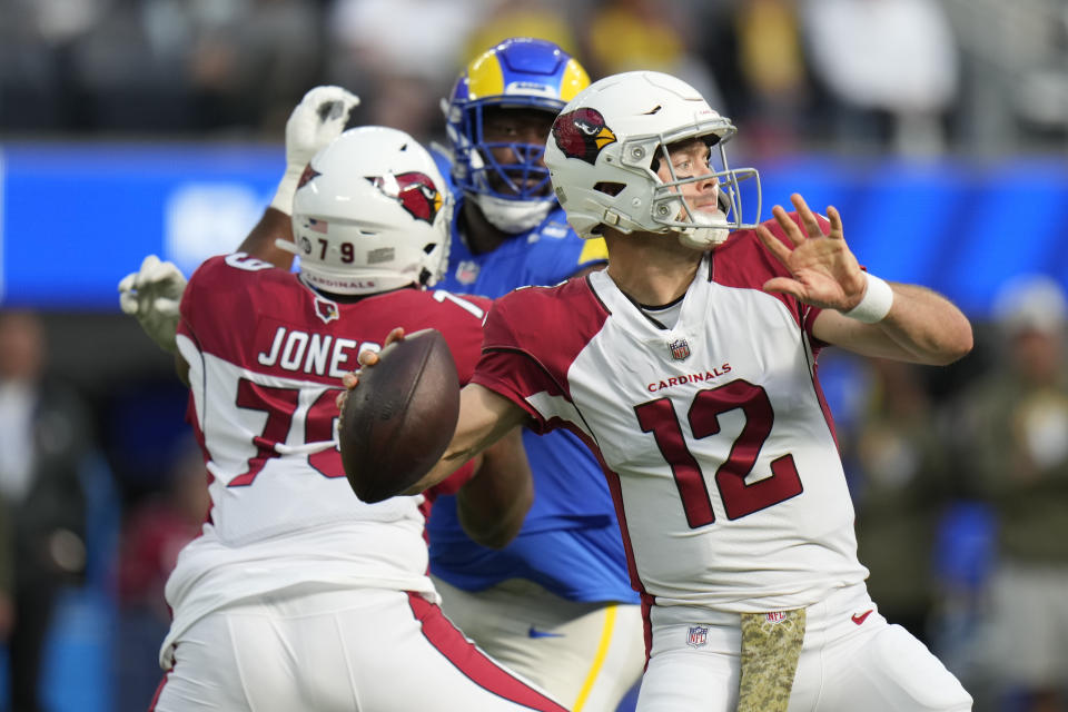 Arizona Cardinals quarterback Colt McCoy throws against the Los Angeles Rams during the first half of an NFL football game Sunday, Nov. 13, 2022, in Inglewood, Calif. (AP Photo/Jae C. Hong)