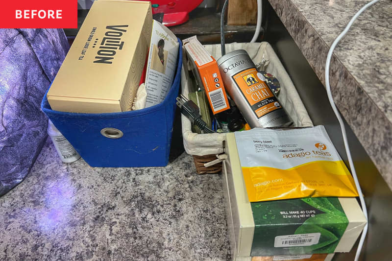 tea collection on counter top.