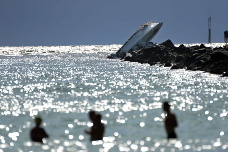 The boat carrying Jose Fernandez, Eduardo Rivero and Jesus Macias crashed into a jetty off Miami Beach. (AP) 