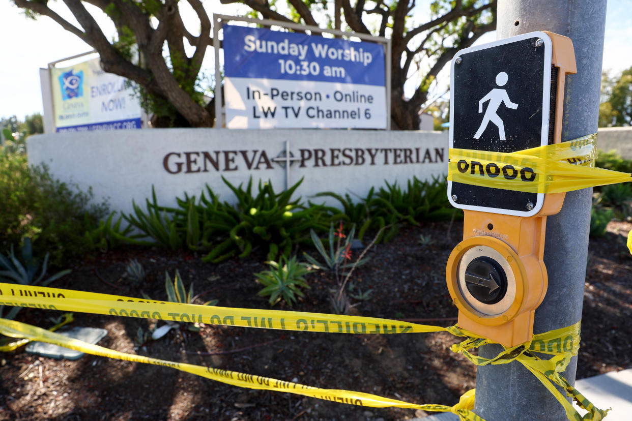 LAGUNA WOODS, CALIFORNIA - MAY 15: Police tape blocks off the scene of a shooting at the Geneva Presbyterian Church on May 15, 2022 in Laguna Woods, California. According to police, the shooting left one person dead, four critically wounded, and one with minor injuries. (Photo by Mario Tama/Getty Images)