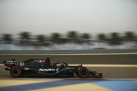 Mercedes driver George Russell of Britain steers his car during the first free practice at the Formula One Bahrain International Circuit in Sakhir, Bahrain, Friday, Dec. 4, 2020. The Bahrain Formula One Grand Prix will take place on Sunday. (Brynn Lennon, Pool via AP)